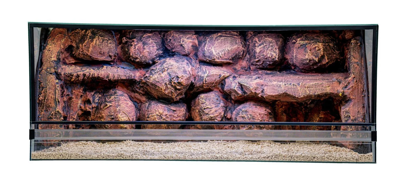 Terrarium pustynne z brązową ścianką skalną i półkami